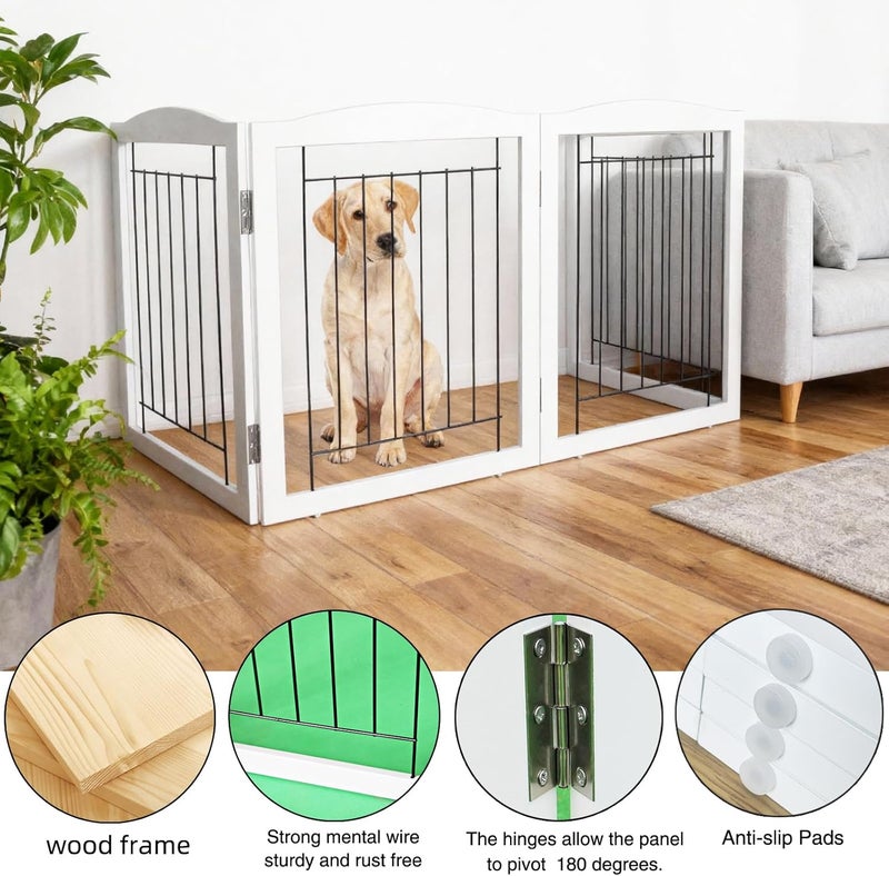 ZJSF Freestanding Foldable Dog Gate for House Extra Wide Wooden White Indoor Puppy Gate Stairs Dog Gates Doorways Tall Pet Gate 4 Panels Fence - Image 4